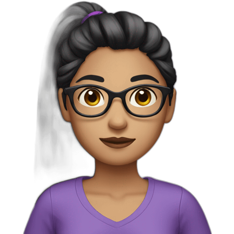 A girl with black hair with a long ponytail and rond glasses and violet sweet shirt  emoji