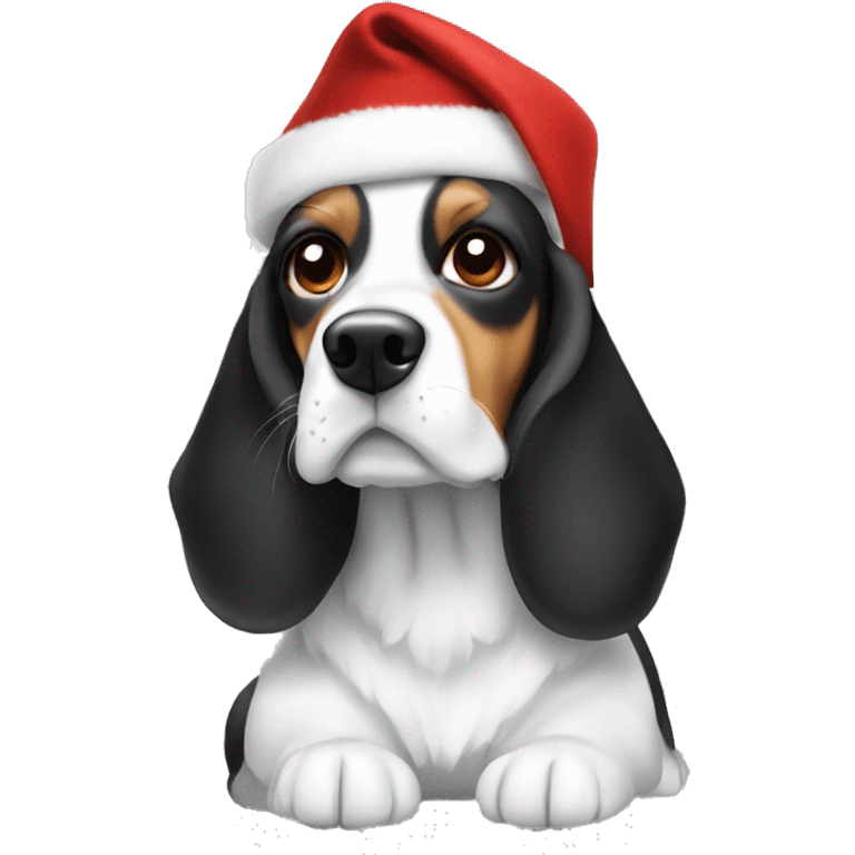 A black and white cocker beagle dog with a Christmas hat emoji