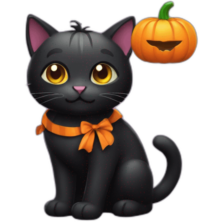 black halloween cat with a pumpkin full of candies emoji