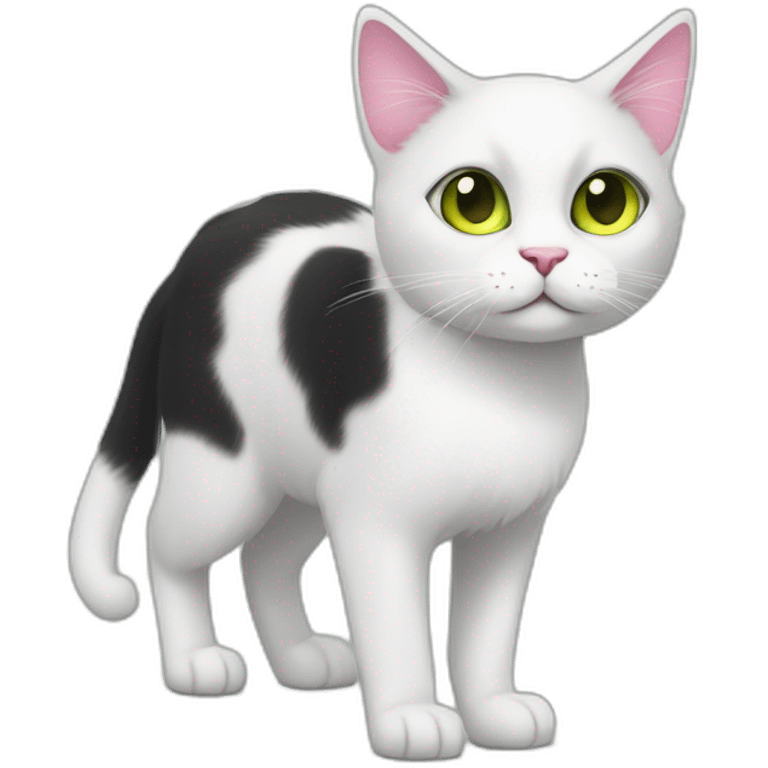 young black and white cat walking side with round green yellow eyes, a pink nose, the white fur on his face only goes under the eyes to the bottom of his face, whispy tips on ears emoji