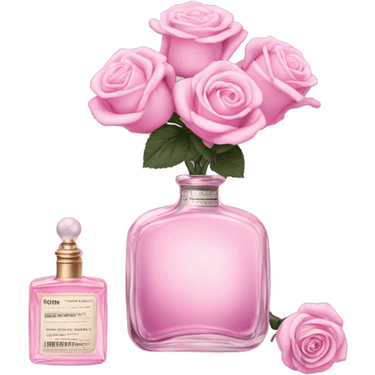 Aesthetic composition of soft pink roses with a vintage-style purple perfume bottle.
 emoji