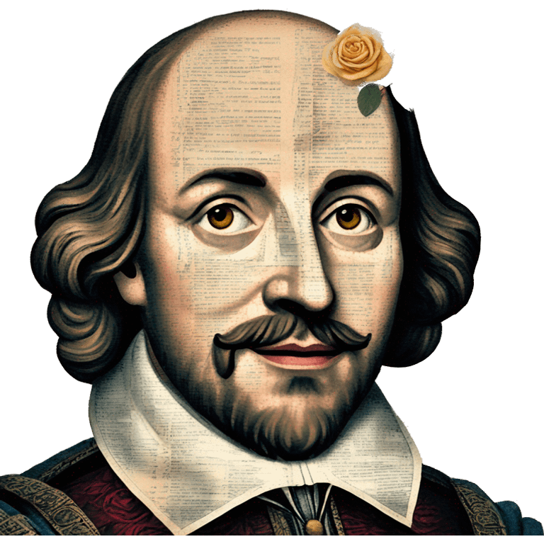 Shakespeare made of newspaper cuttings wearing flowers, roses flowers emoji