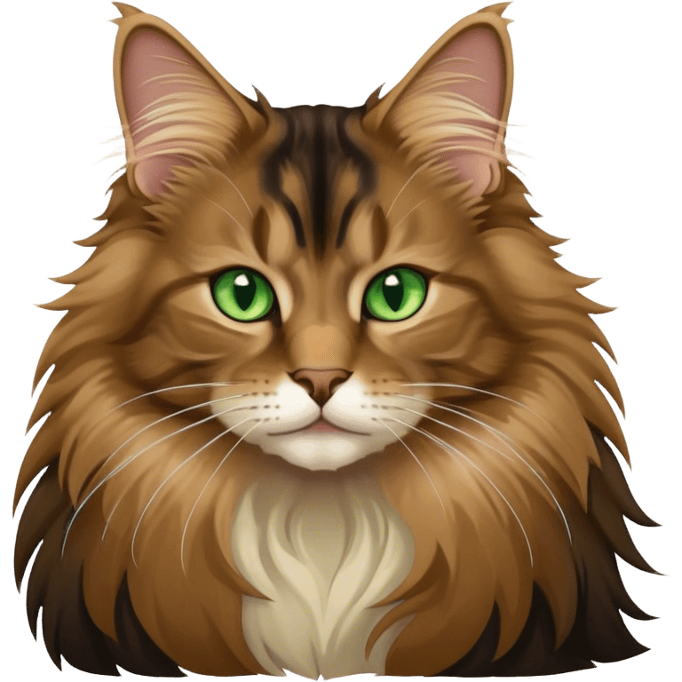 A light brown and black long haired Maine coon cat with green eyes emoji