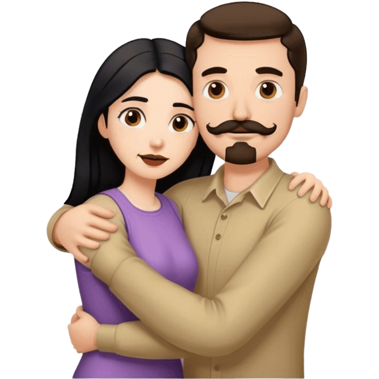 Tall white man with brown mustache goatee AND a short pale woman with long black hair, hugging emoji