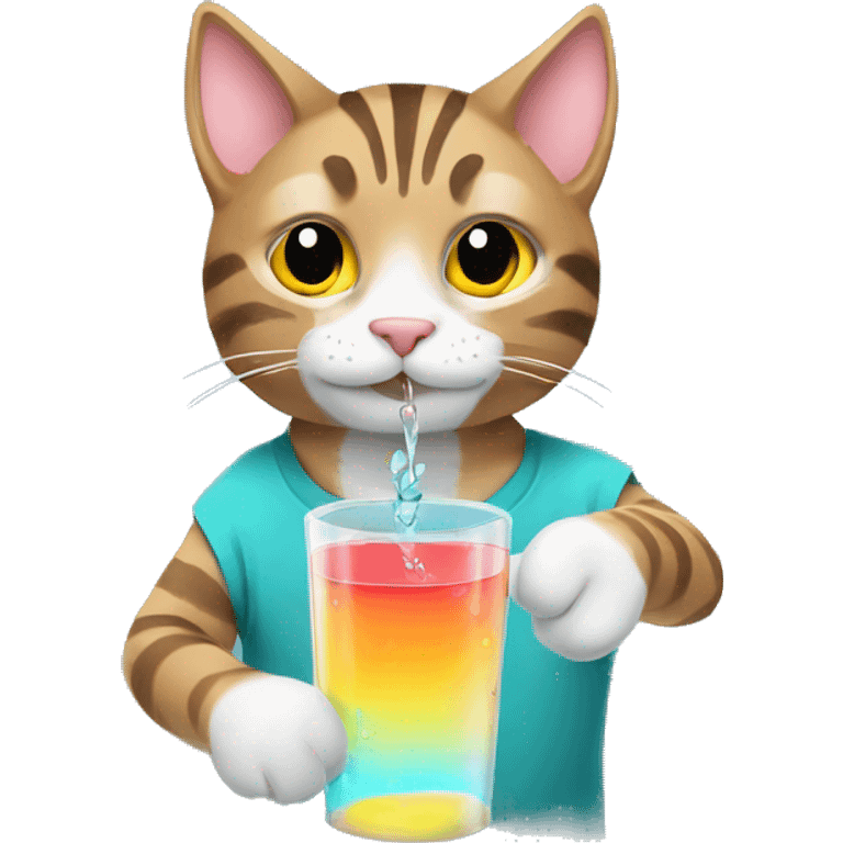 Tabby cat holds colored water in his hands and keeps drinking emoji