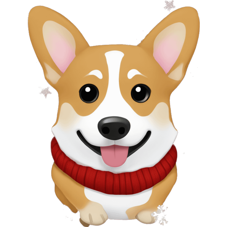 Welsh corgi in a cozy Christmas sweater, surrounded by snowflakes, holding a hot cocoa cup emoji