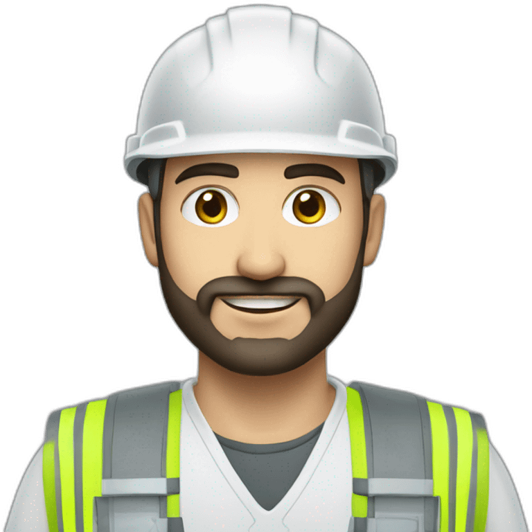 A young Turkish electrical engineer with a full beard, a white helmet and a phosphorescent protective vest emoji