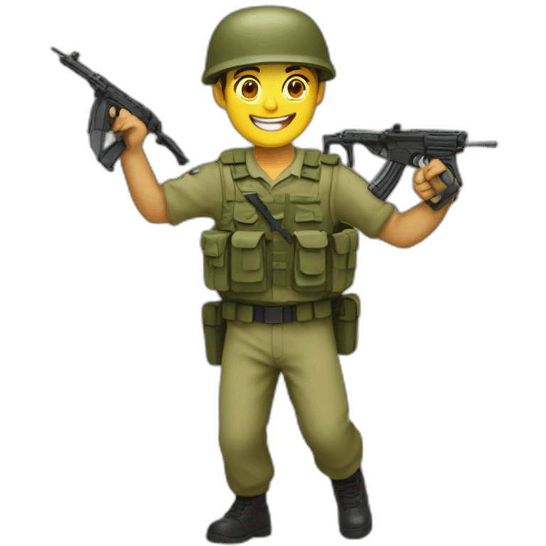 Israeli soldier, olive green uniform, dancing, gun in hand, smiling emoji