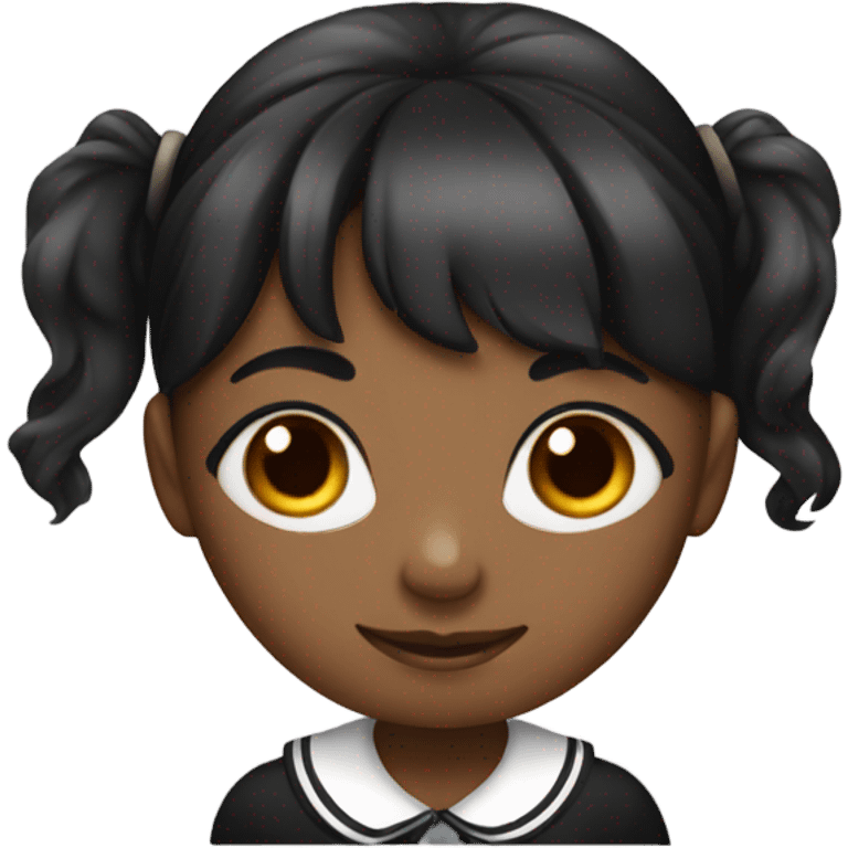 A black schoolgirl with bangs holding a black spotted emoji