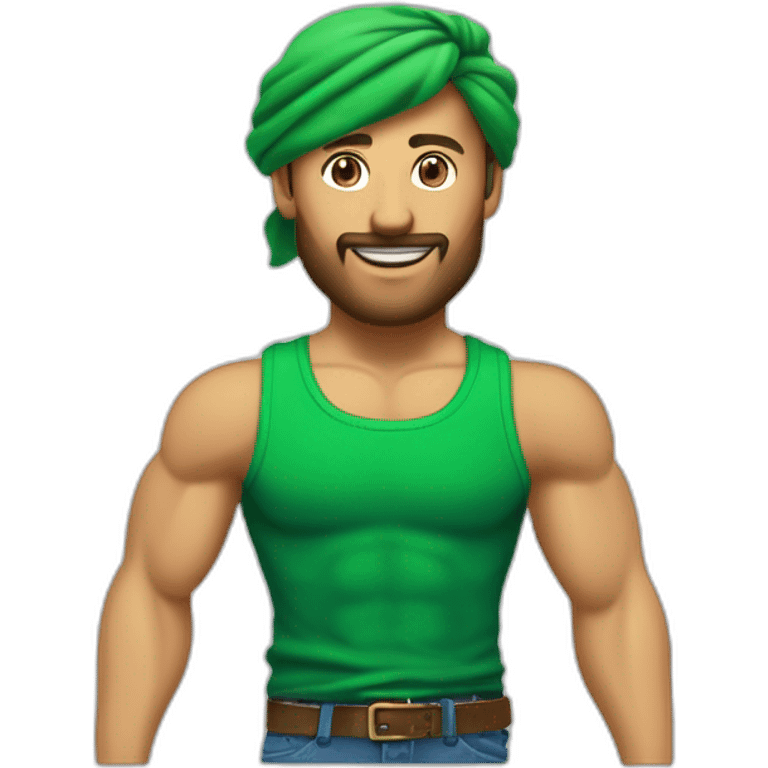 Homme aux cheveux verts très musclé et a  une cicatrice à l’œil gauche. Il porte une chemise blanche. Il a un bandana vert et porte 3 pendentifs dorés à l’oreille gauche  emoji