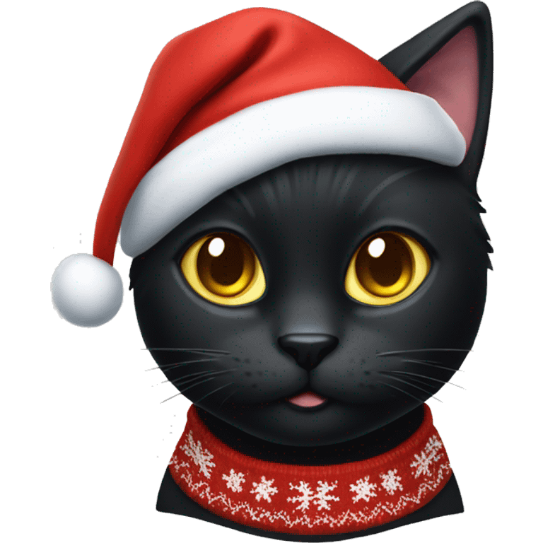 black cat wearing christmas sweater and santa hat emoji