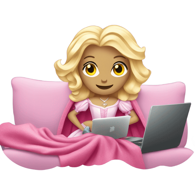 White and blonde Glinda from wicked in her pink dress with scepter has fever coverd by a blanket on the couch with laptop on her legs emoji