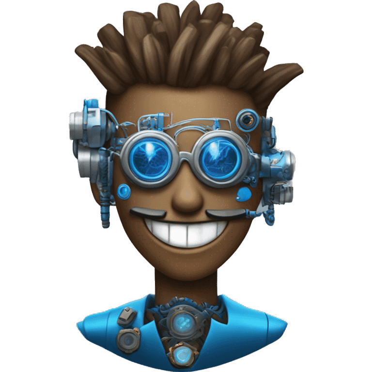 Brown cyborg head with blue Mohawk, blue beard, silver steampunk monocle goggles a smile and circuits emoji