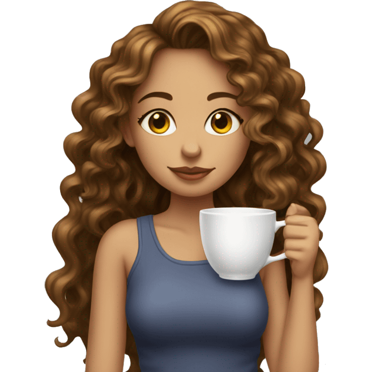 Girl sipping tea with long black wavy curly emoji