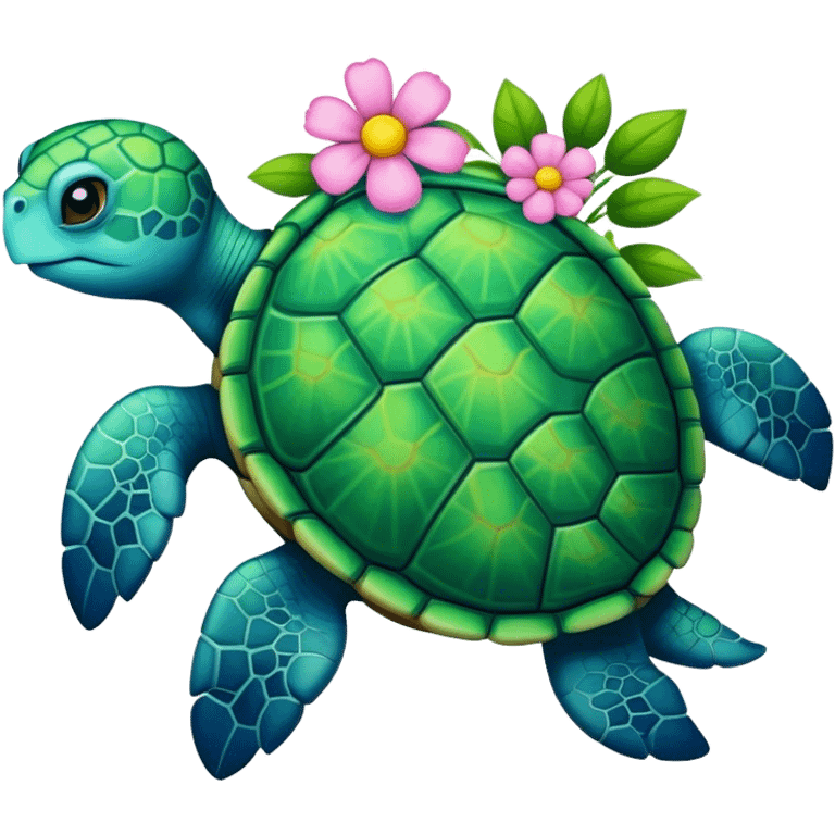 Turtle with flowers cut green blue  emoji