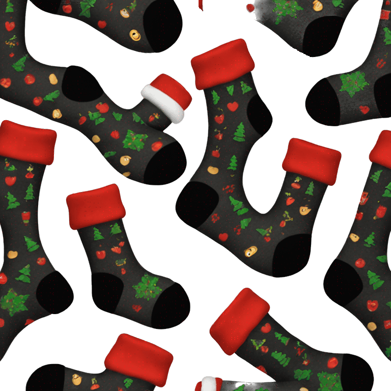 a pair of black socks adorned with a christmas pattern emoji