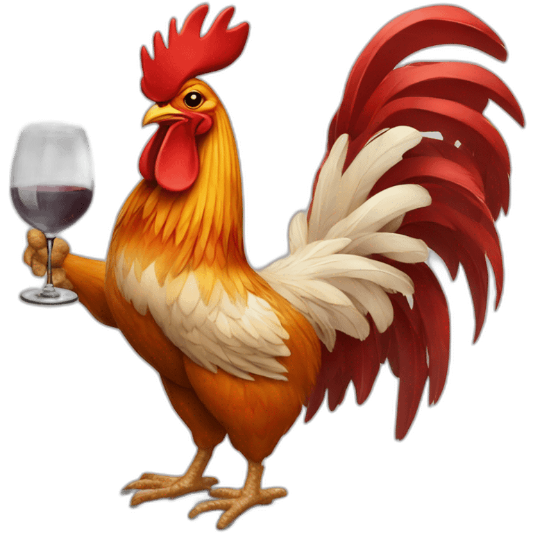 Rooster hanging baguette and glass of wine under his wings emoji