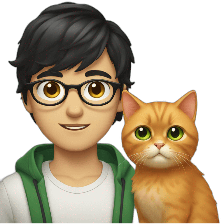 Boy with green eyes, glasses, with black short hair, with orange Persian cat emoji