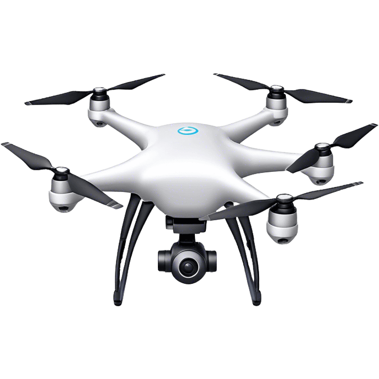 Drone with a sleek design, flying in the air, with rotating propellers, representing modern technology and innovation emoji