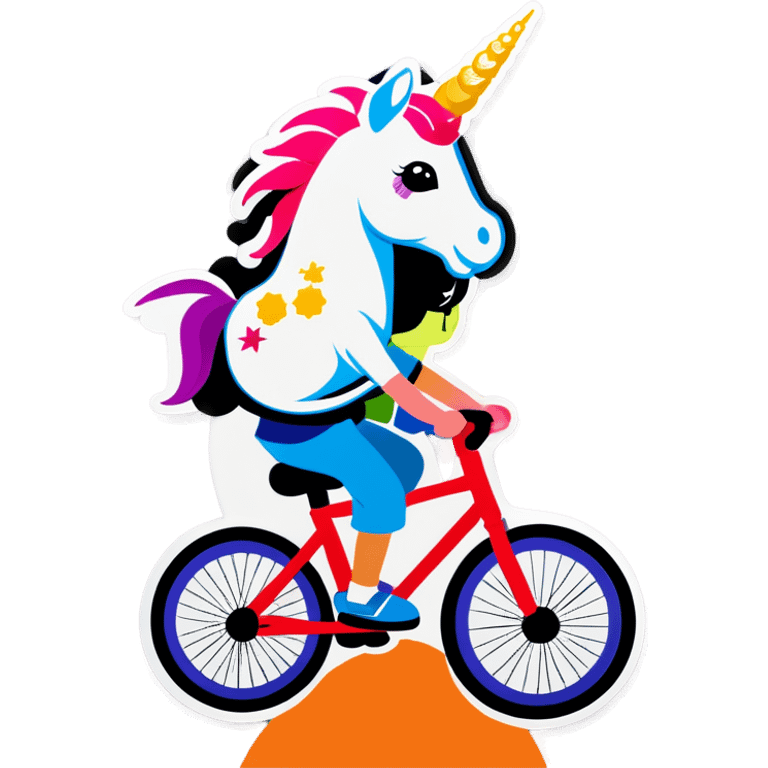 Boy riding a bike on back wheel with unicorn on Head emoji