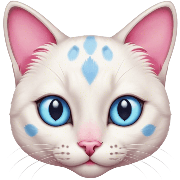 White female cat with Siamese features, pink nose, blue eyes and grey and pink spots emoji