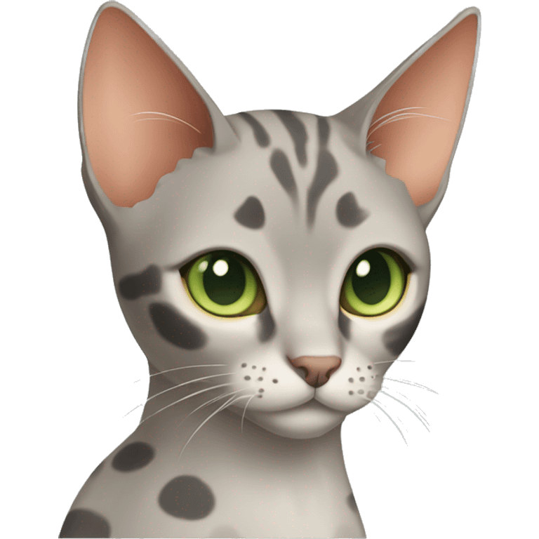 Short-haired oriental cat ,full body , grey coat with small spots , green eyes , terracotta nuzzle emoji