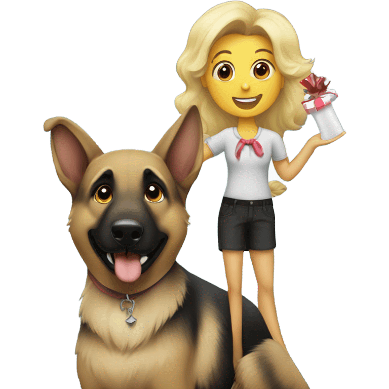 Blonde and black German shepherd with a sign that says Happy Birthday To Me emoji