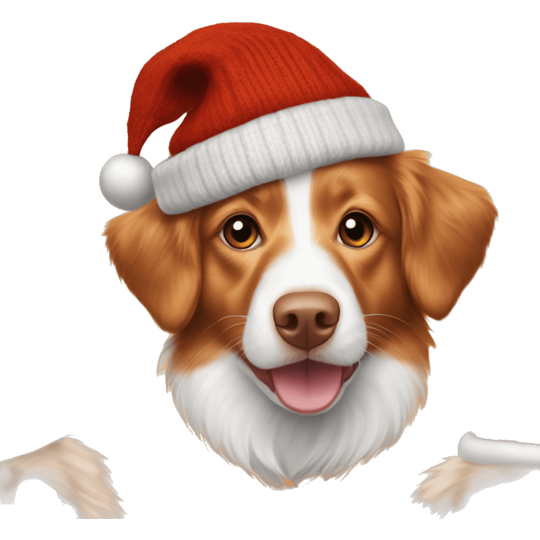 Orange and white Nova Scotia duck toller dog wearing a Christmas sweater and hat emoji