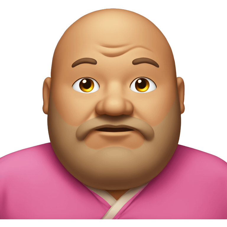 fat man with big hairy ears wearing pink robe, eyes closed, big lips and yellow teeth, duble chin and with a potato nose emoji