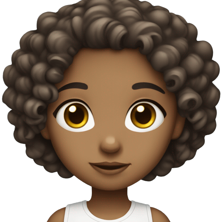 Chibi style. A girl. Dark browner curly hair. Blue eyes. Light skin. emoji