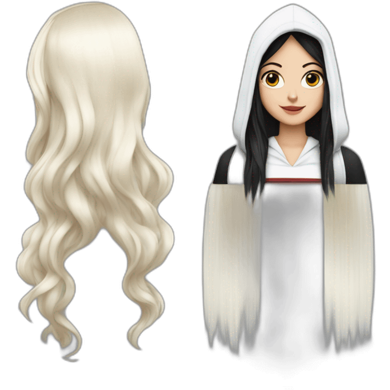 White girl long straight black hair with white streak hair and red ridding hood emoji