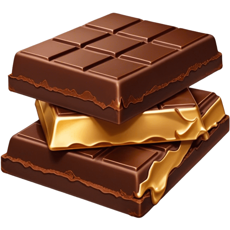 Cinematic silky dark chocolate bar, broken into perfect squares, rich cocoa tones, slightly melting edges, fine texture and decadent shine, warm golden highlights, tempting and rich. emoji