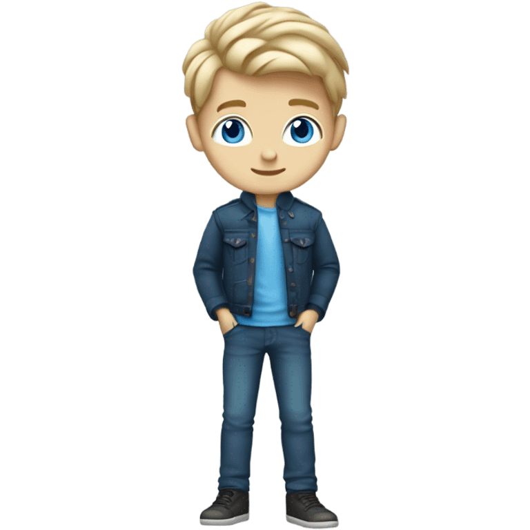 do a white skin boy with dirty blond hair and blue eyes full body arms legs and a chic outfit  emoji