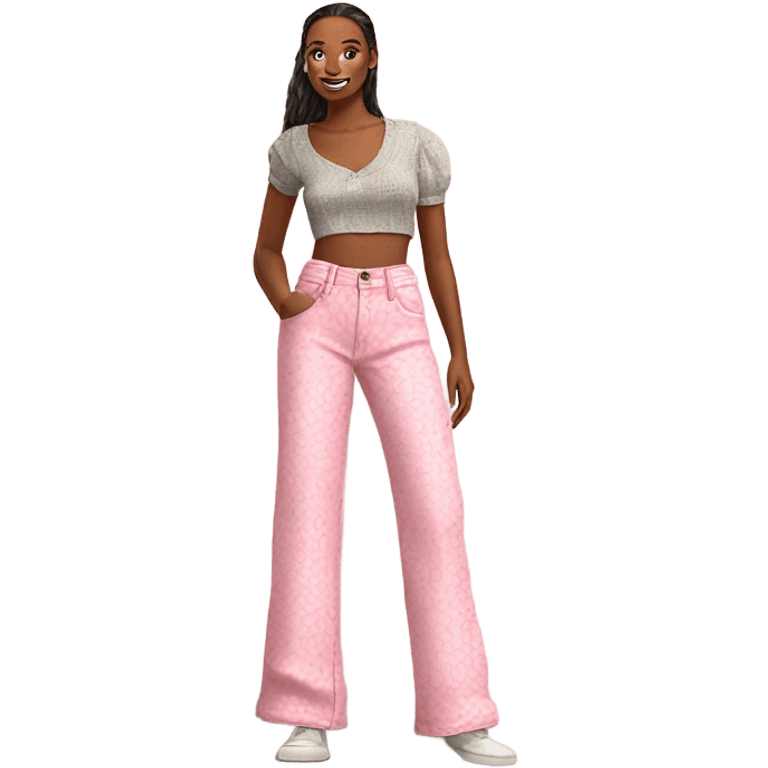 Realistic long Wide leg high waisted pink printed jeans, isolated emoji