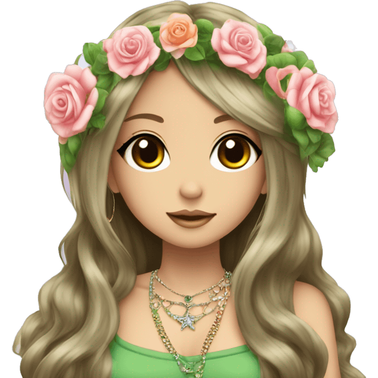 hime gyaru girl, hippie, long brunette hair with roses in hair, crystal jewelry, green top, peace sign hand logo emoji