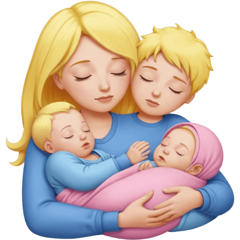 Mother holding baby, mother with yellow hair and pink clothes, baby in blue clothes is sleeping emoji