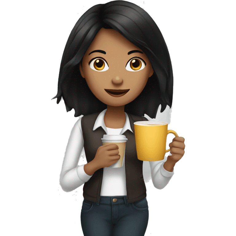 girl with black hair with cup coffee emoji