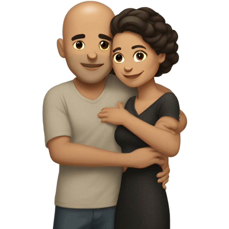 Comforting hug from brunette Puerto Rican woman to shorter bald male emoji