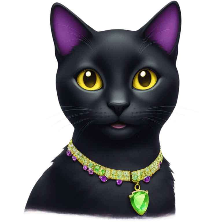 Black cat with purple rhinestone collar and greenish yellow eyes emoji