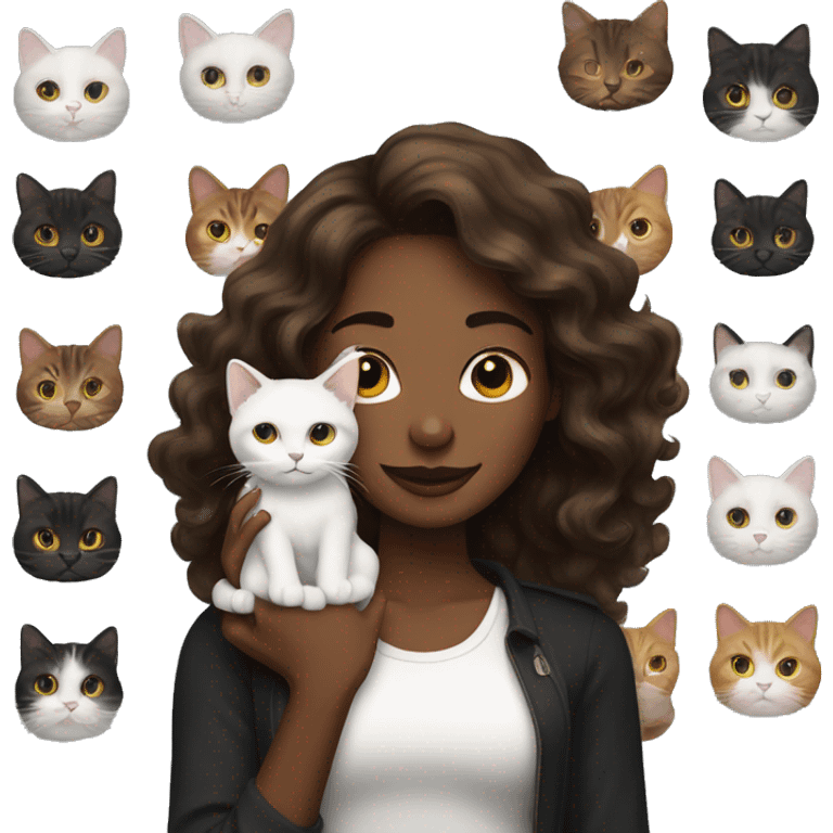 long wavy haired brown skin woman holding black and white cat emoji