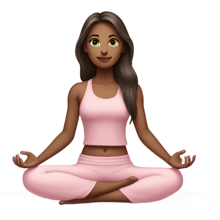 Dark brown long hair and green eyes yoga beautiful girl in light pink pink pink clothes sitting on a yoga mat emoji