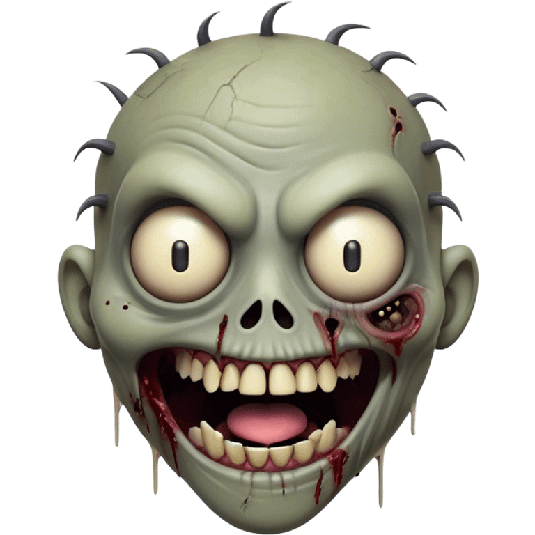 Cinematic Comical Zombie Portrait Emoji, with a grotesquely exaggerated yet playful decaying face in muted ashen tones, head cocked in a dramatically shocked expression with wildly comical, googly eyes and a gaping, silly grin revealing quirky stitches, simplified yet hilariously expressive, highly detailed with a soft eerie glowing outline capturing the absurd humor of a zombie in comic disbelief! emoji