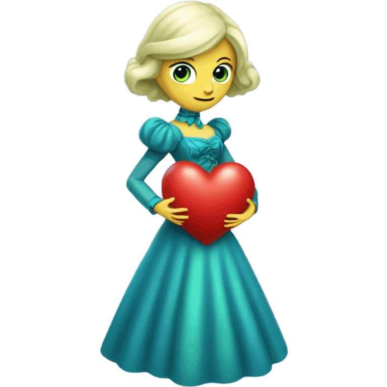 "galora green blonde alien woman" in blue Victorian dress elegant, full body, holdig red big hearth emoji