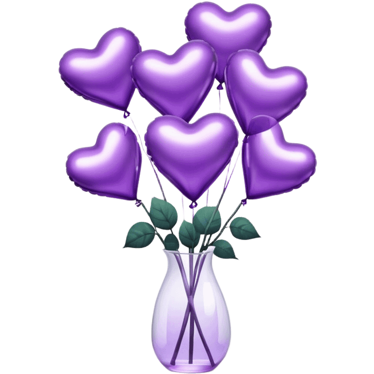 "A cluster of metallic heart-shaped balloons in varying shades of purple, floating beside a sleek glass vase filled with matching roses."
 emoji