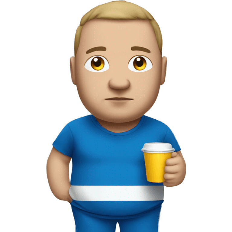 fat man in blue sweatsuit with white stripe sipping from cup emoji