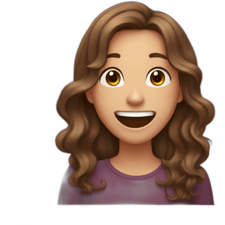 Brown hair girl with long wavy hair laughing while covering her mouth  emoji