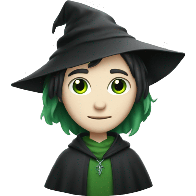 teenage white-skinned wizard with black hair and green eyes in green disgue emoji