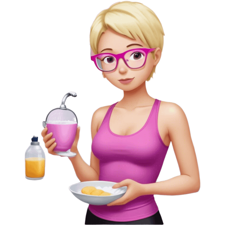 Intimate, Curvy fair and freckled skinned woman, short blond hair, small light purple reading glasses, washing dishes, short flowing sheer hot pink tank top, without undergarments SFW, black yoga pants, thick booty emoji