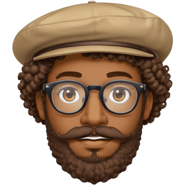 a man with brown skin, wear a glasses with bold frame, have a curly hair and wearing a hat. have a moustache and beard  emoji