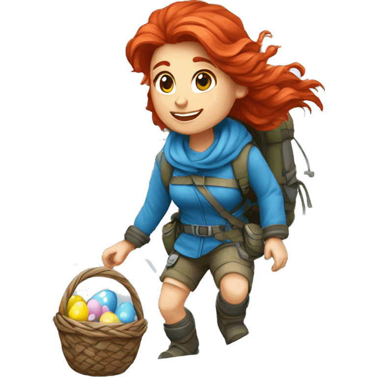 Female winter mountain climber red hair climbing with Greek flag and Easter eggs basket emoji